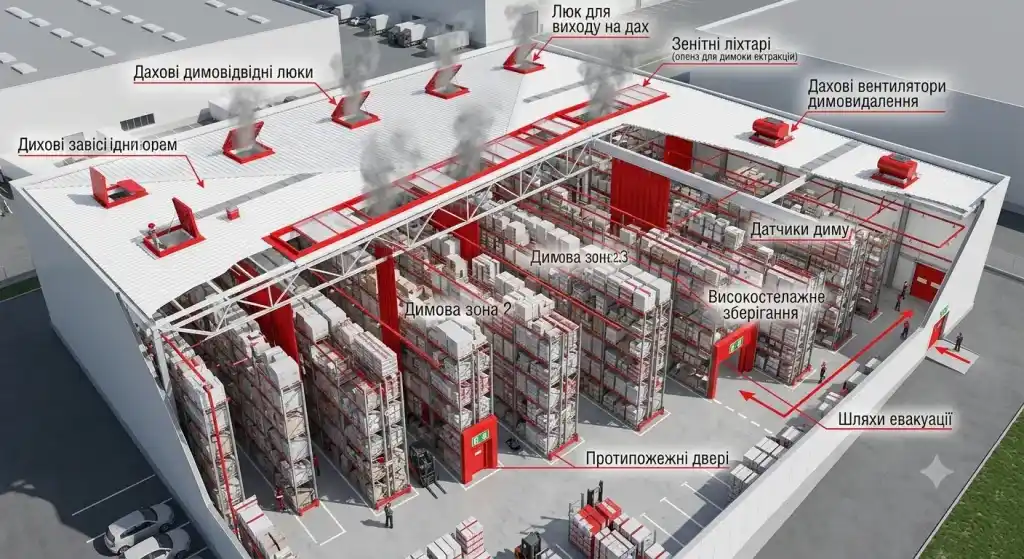 Відведення диму на складах MERCOR
